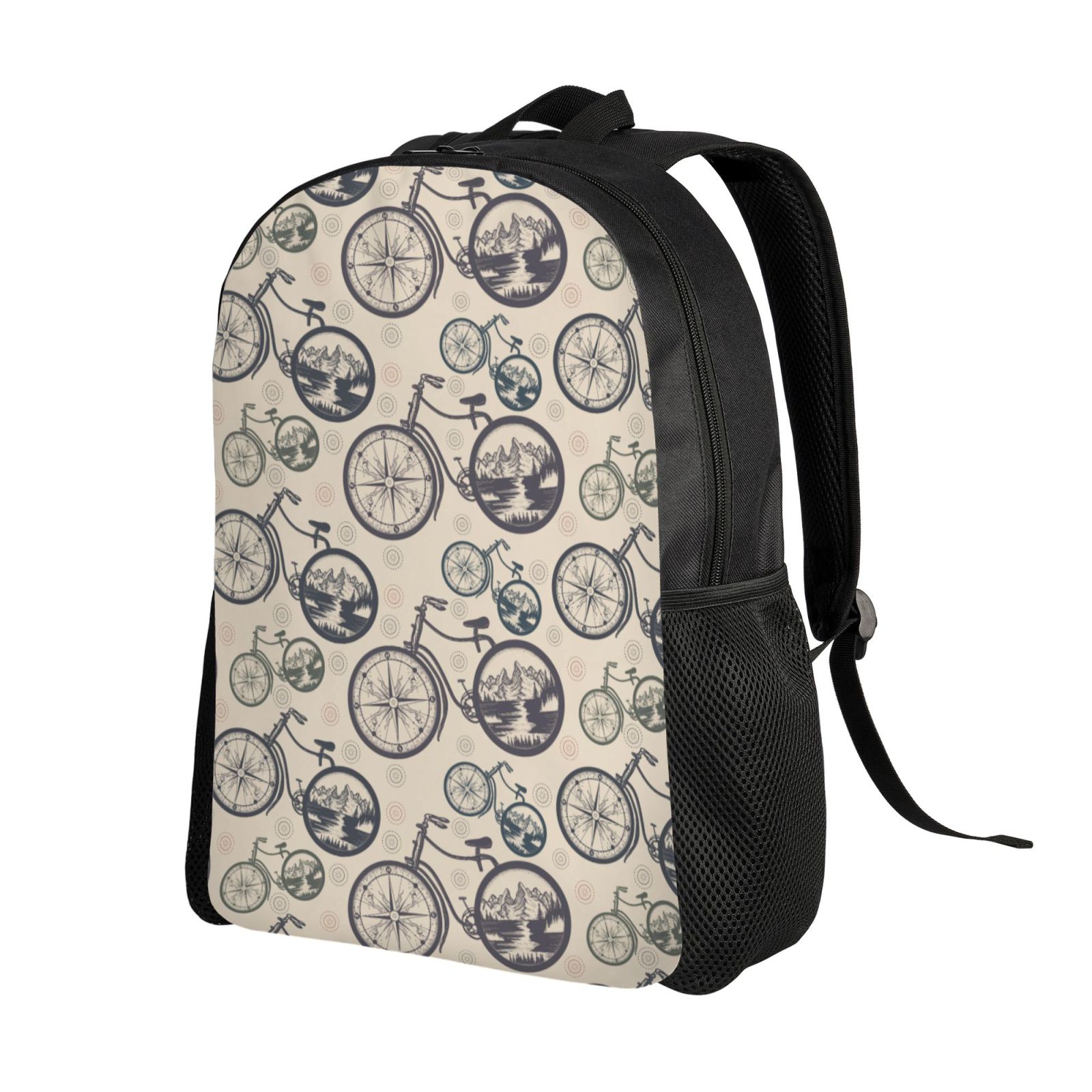 Xecao Compass And Mountains In Bicycle Wheels Print School Backpack with Laptop Compartment Small Travel Laptop Backpack for Women Men Waterproof College Backpack Simple School Bag