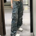 thumbnail image 5 of Pantalones Cargo de pierna ancha para mujer, múltiples bolsillos con diseño de ropa de calle, Jeans de gran tamaño lavables de nicho de moda, Y2k, Otoño e Invierno, 5 of 5