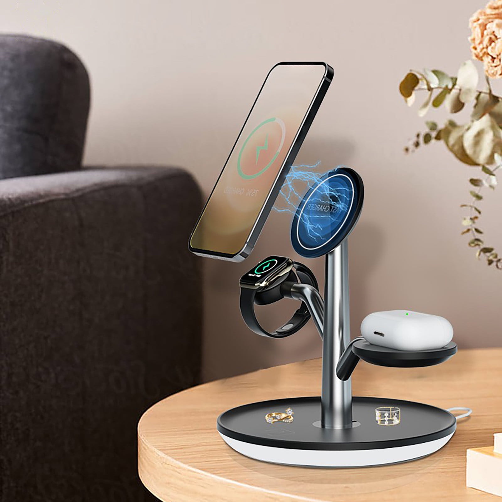 Oggfader Wireless Charger Stand Magnetic Bracket Wireless Charging Tray Suitable For Ios Phone Watch Headphones 3 in 1 Adjust Wireless Charger Black