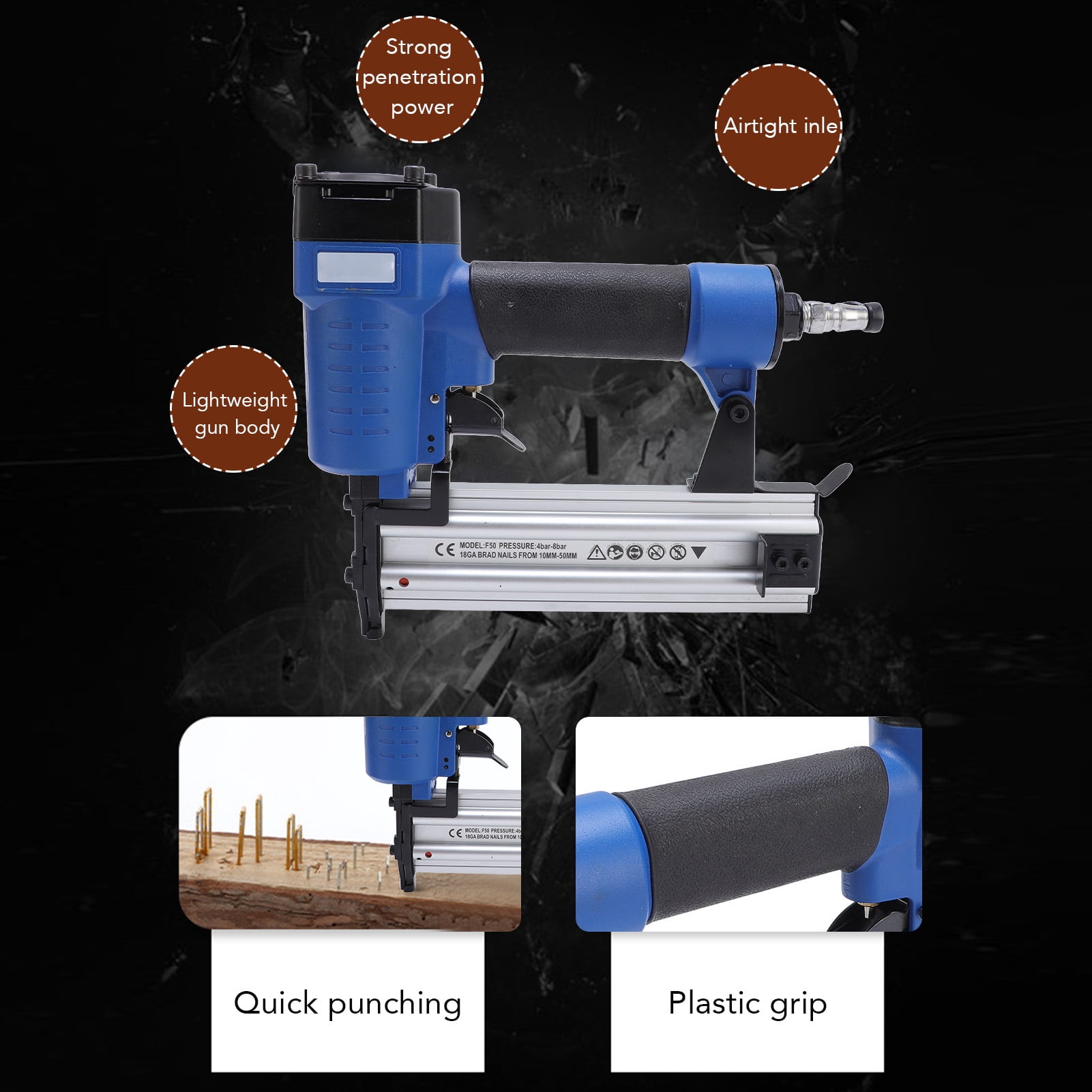 LAZIOEGR Pneumatic Brad Nailer Woodworking Air Powered Brad Nail Gun for 18 Gauge 3/8 to 2 Inches (0.95 to 5.08 cm) Nails Home DIY Upholstery Carpentry Tool