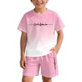 thumbnail image 6 of ZXLBBD Girls Summer Letter Print Gradient Print Outfit for Kids Short Sleeve Design Casual Outdoor Ensemble Clothes Sets,Pink,Size 7 Y-8 Y, 6 of 7