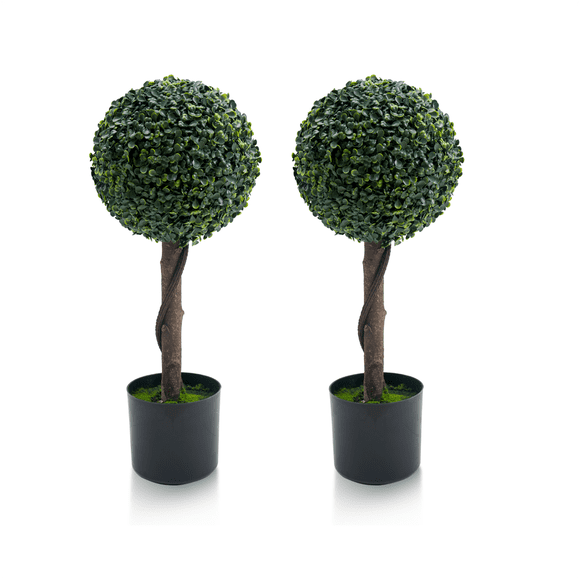 Ensemble de 2 Arbres Topiaires Boule Réalistes Artificiels en Buis, Plantes Topiaires Factices de 24 Pouces avec Tronc en Bois Naturel et Pot pour Extérieur Intérieur Porche avant Maison Jardin Déco de Printemps