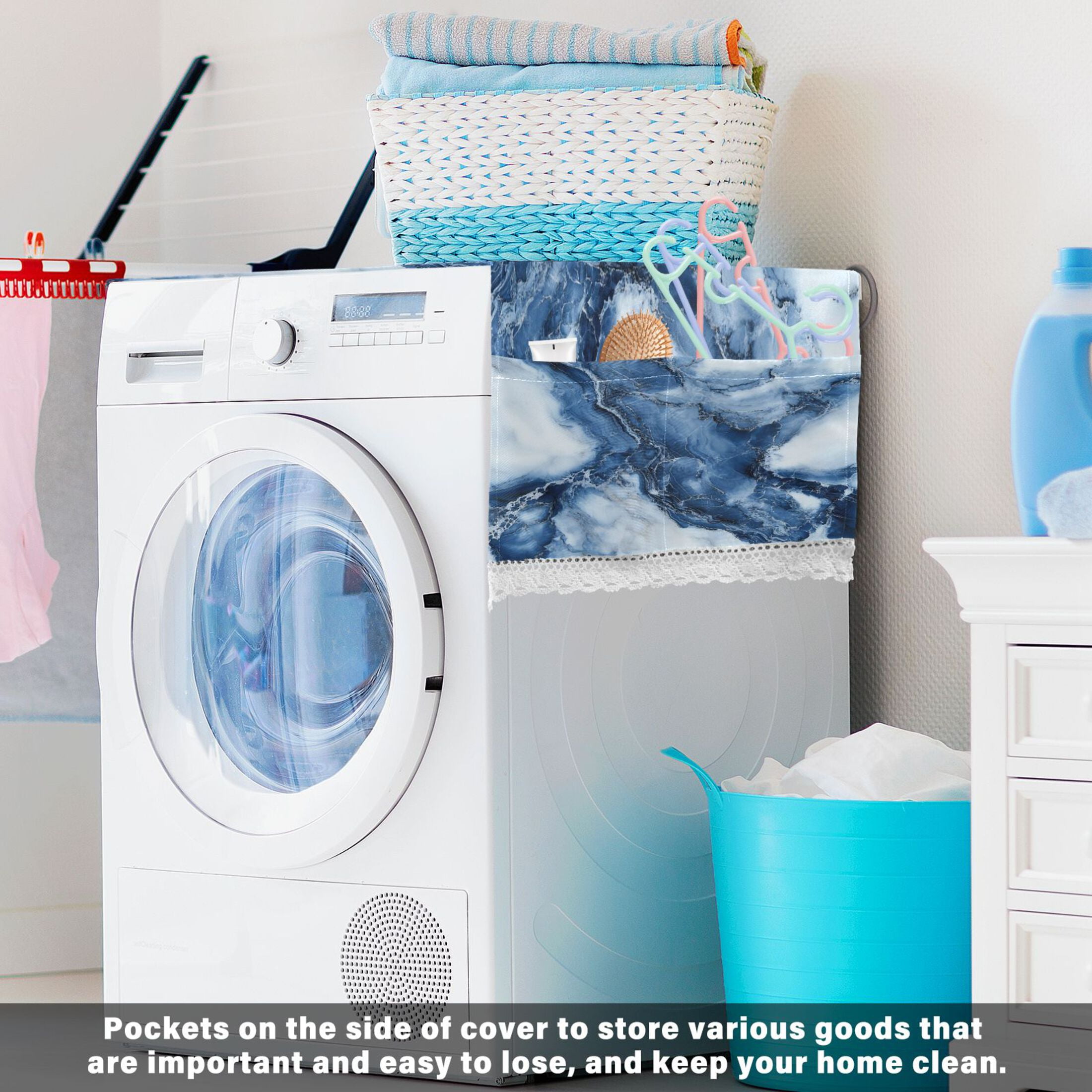 Ink Blue White MarbleWasher and Dryer Covers Dust-Proof and Oil Resistant Fridge Cover with 4 Storage Pockets Washing Machine Top Cover for Laundry Kitchen Home 51.2 x 22 In