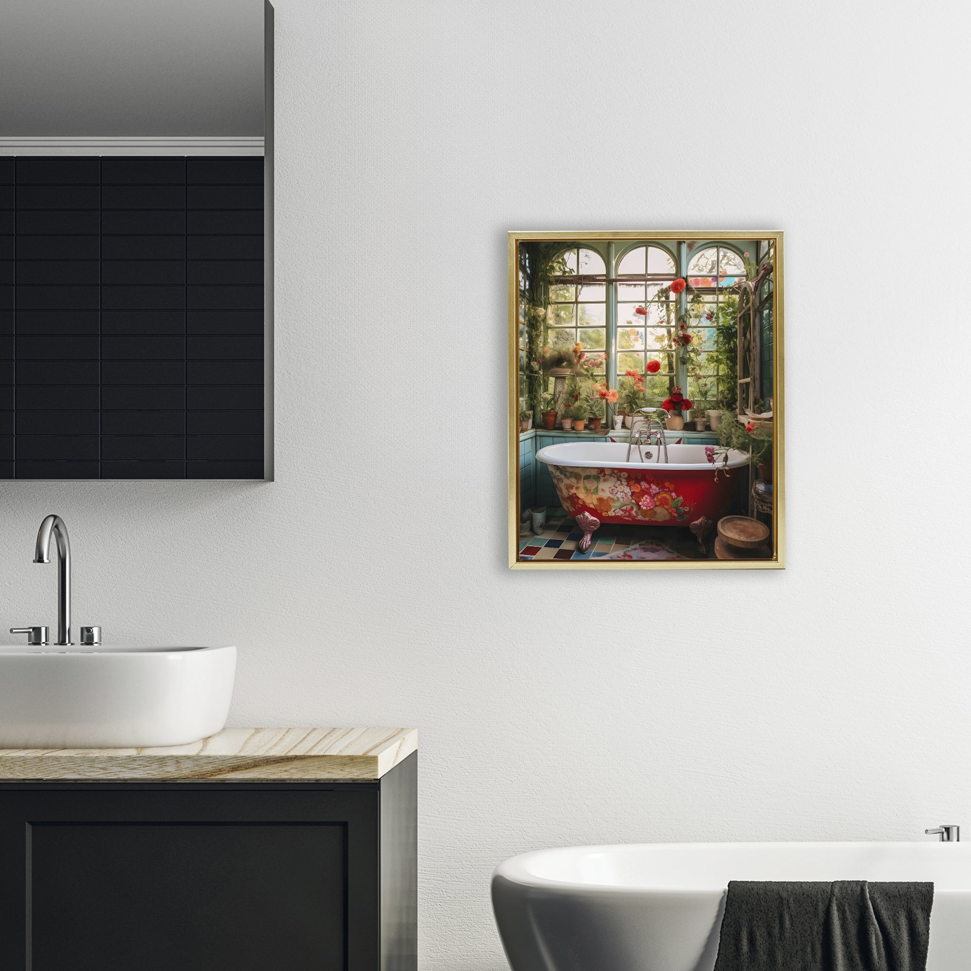 Floral Sunroom Tub Gold Framed Floater Canvas Wall Art, design by Lettered and Lined