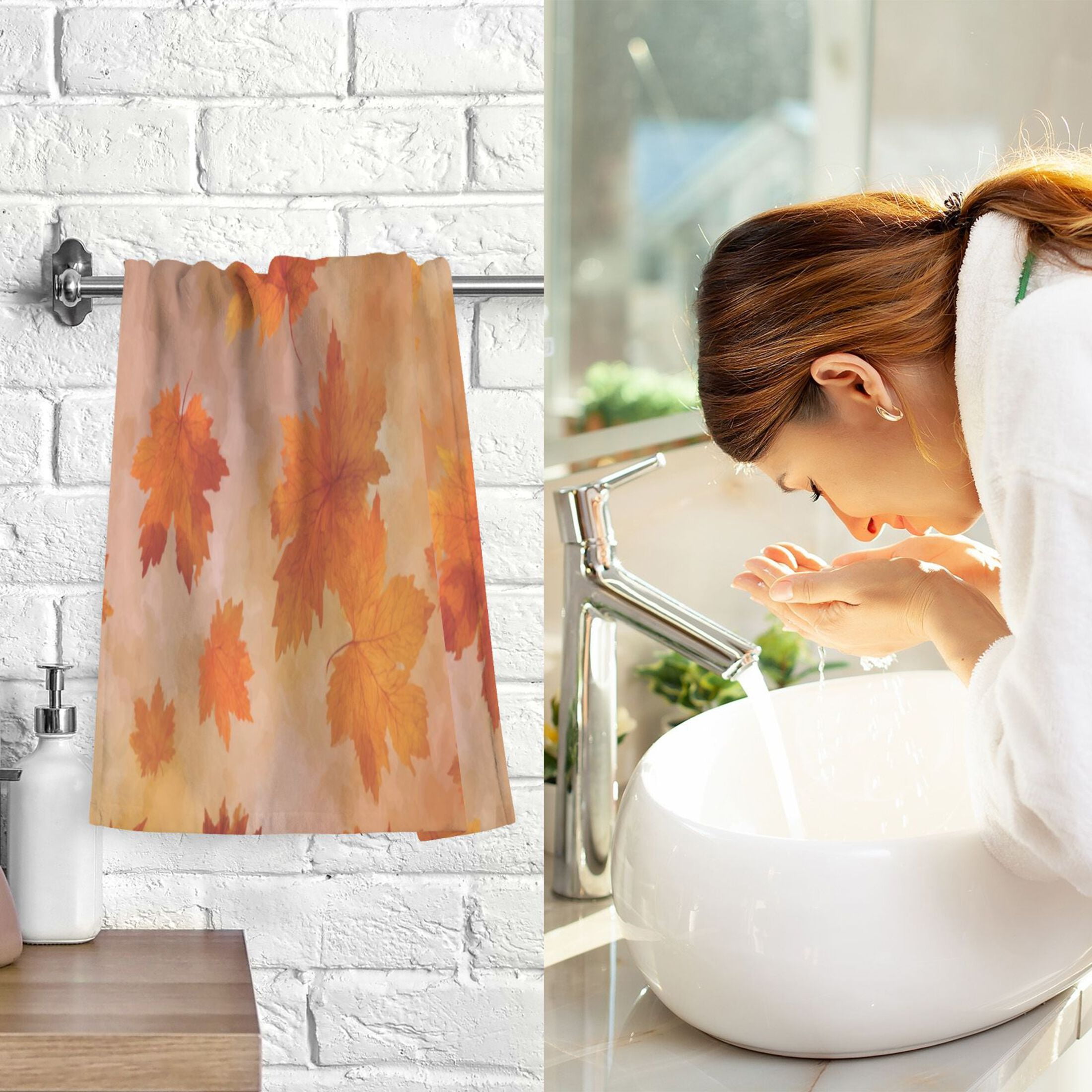 2 Pcs Hand Towels Sets Orange and Brown Autumn Leaves Cotton Towel Set Absorbent Face Towel for Bathroom Kitchen Shower Hotel Decor