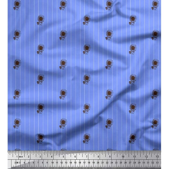 Soimoi Blue Cotton Voile Fabric Sunflower & Stripe Fabric Prints By Yard 42 Inch Wide