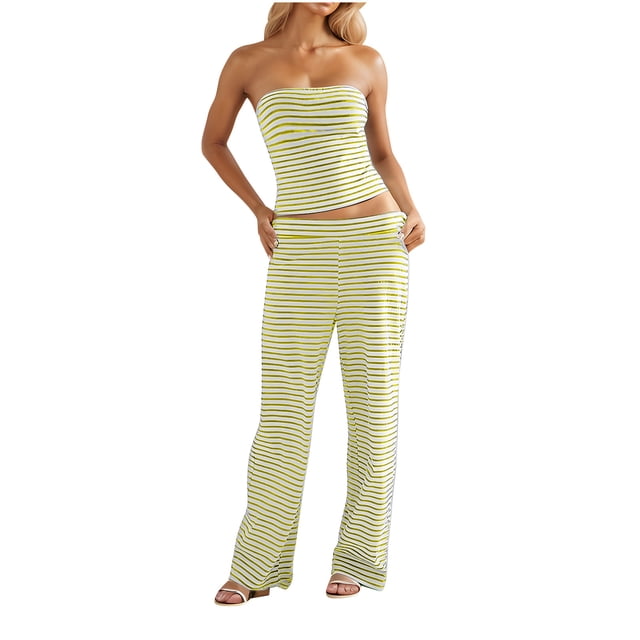 2 Pcs Femmes Été Rayé Imprimé Haut Tube Sans Manches et Pantalon à Jambe Grand avec Poches