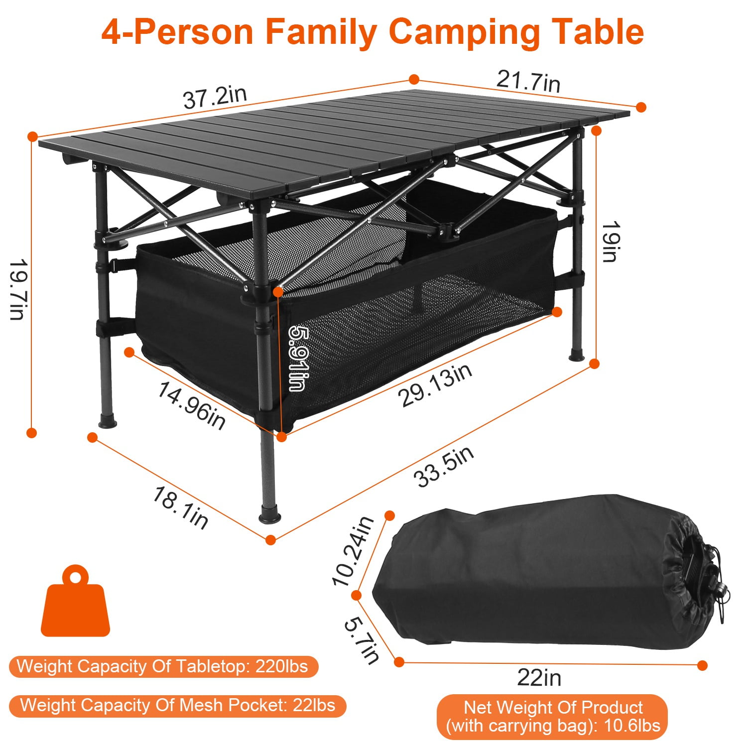Roll-Up Camping Table Lightweight Aluminum Portable Table with Steel Frame Storage Basket 220lbs Capacity for Outdoor Dining BBQ