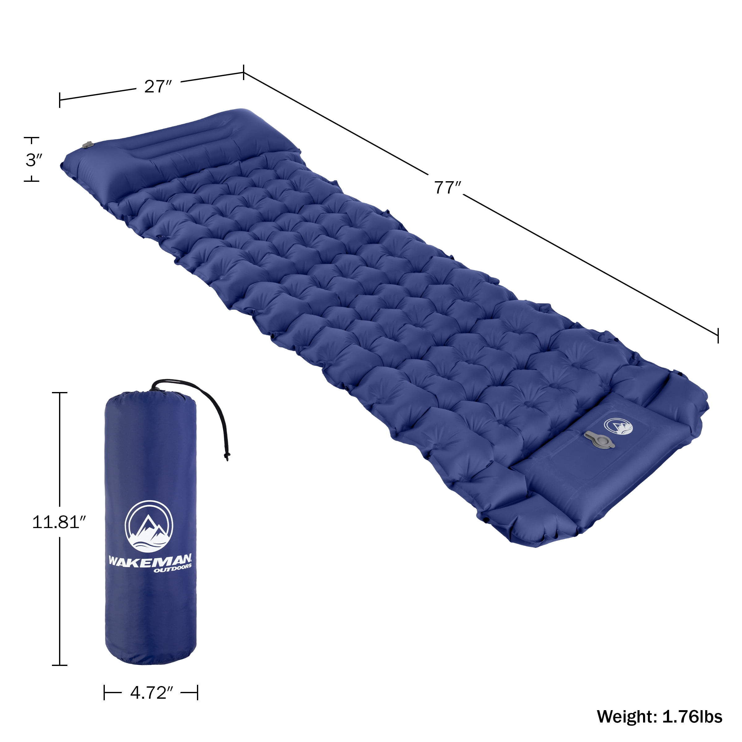 Wakeman Outdoors Sleeping Pad for Camping - Inflatable Mat with Built-in Foot Pump, Waterproof Camp Mattress, Camping Gear Must Haves, Blue