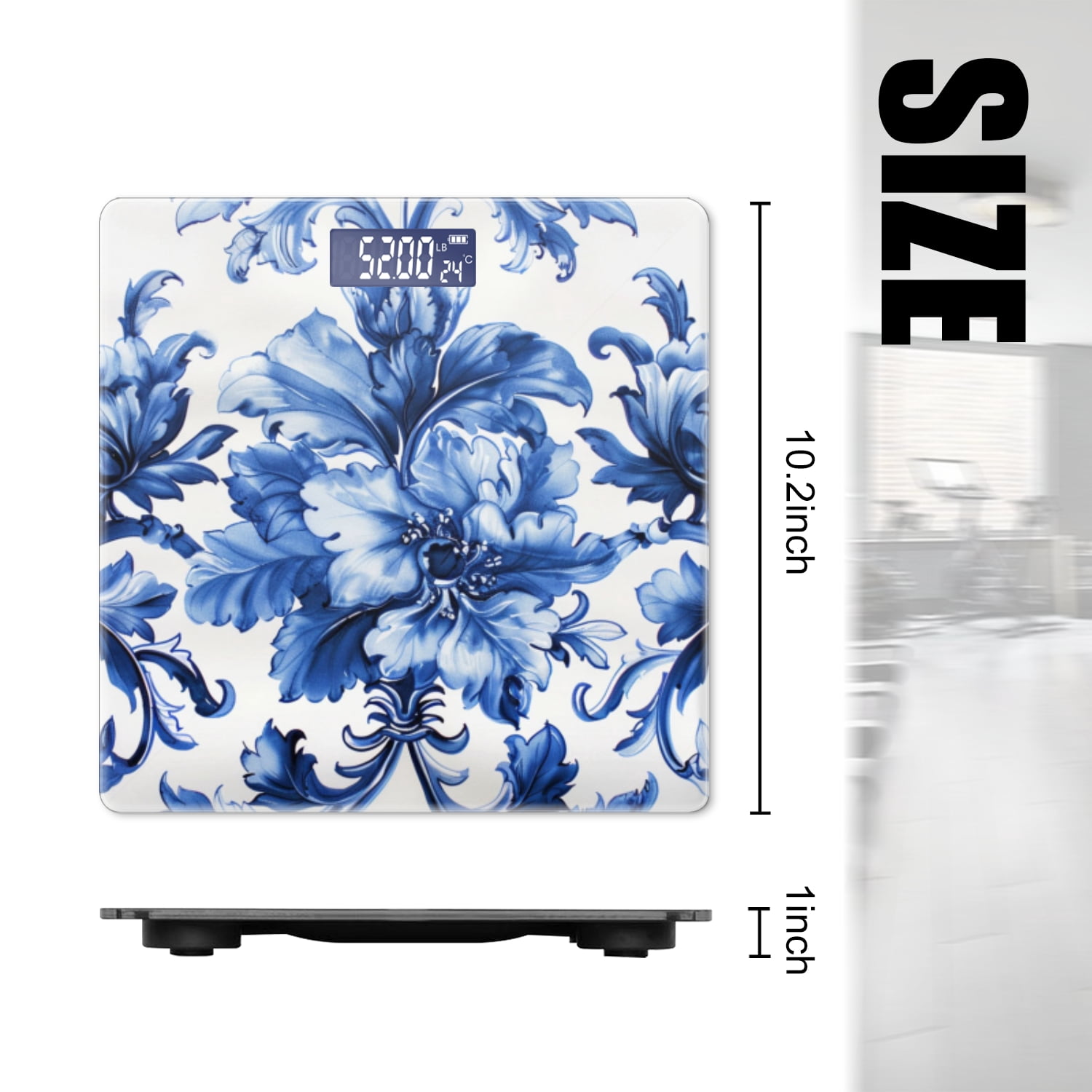 Bathroom Scale, Highly Accurate Digital Body Scale,Precisely Measures Weight up to 400 lbs-Blue And White Porcelain Floral Pattern