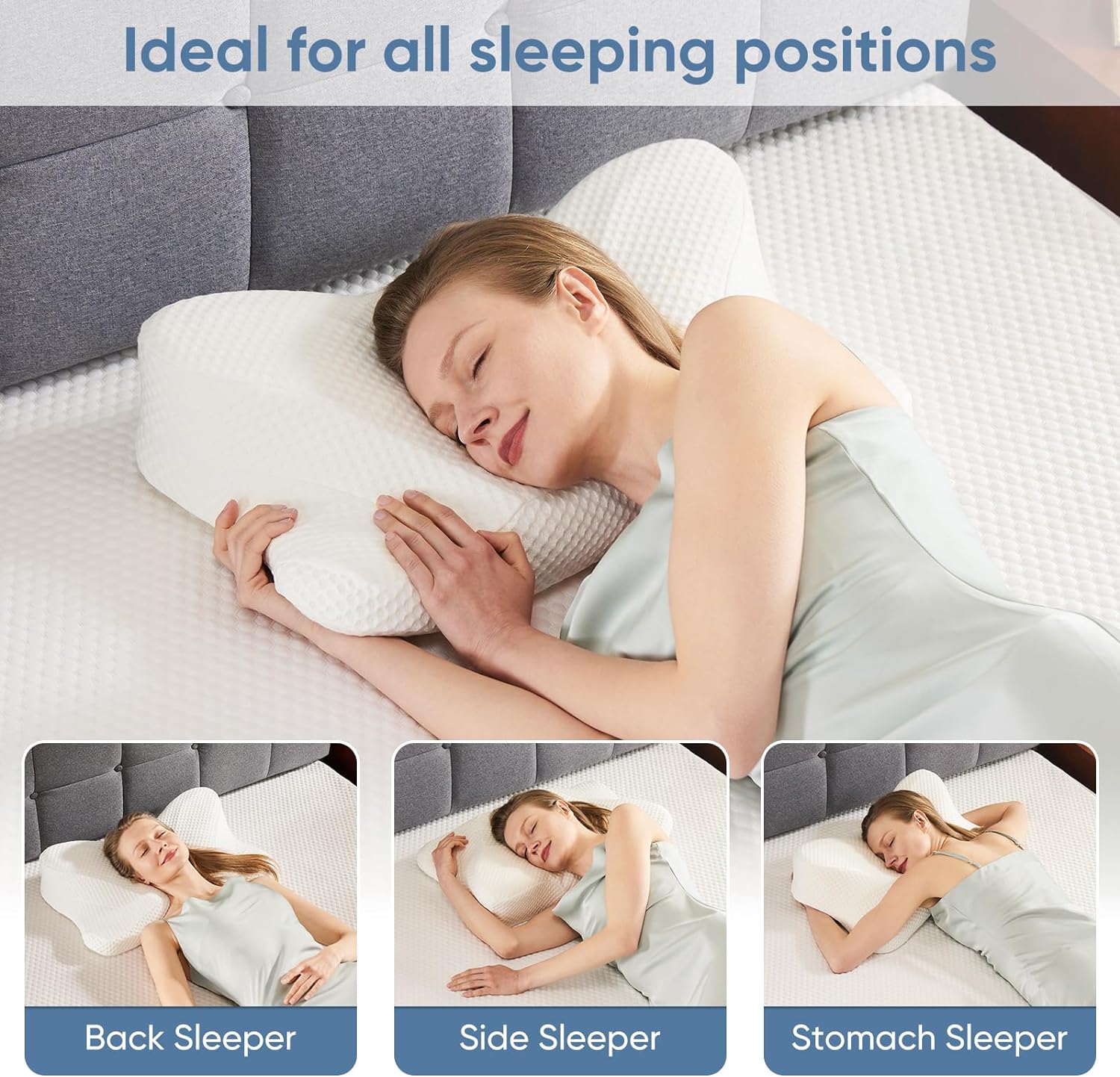 JL Cervical Neck Pillow, Memory Foam Contour Pillow with Arm Rest Slot and Soft Breathable Pillowcase, Ergonomic Dual-Height Orthopedic Support for Side, Back, and Stomach Sleepers, White
