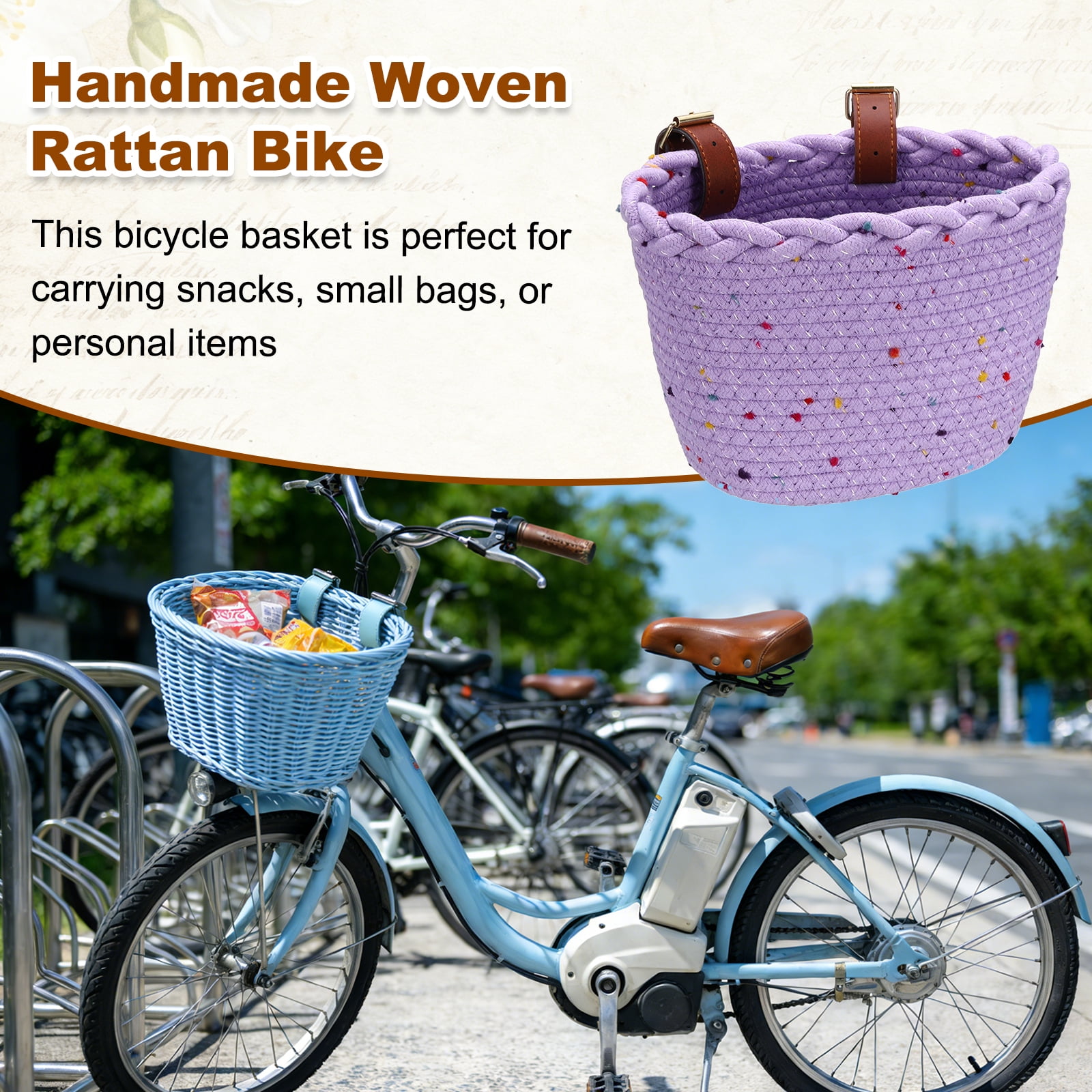 Uxcell Bike Basket, Cotton Rope Bicycle Basket Adjustable Front Baskets with 2 Leather Belt Buckles Unisex Strong Load 8.8 x 6.7 x 6.5" & Purple-Fitting For(Bikes/Tricycle/Scooters)