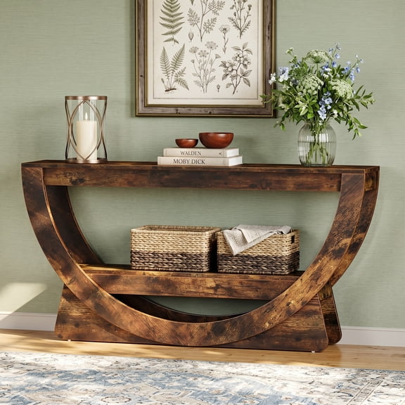 Fnova 63" Curved Console Table with 2 Storage Shelves, Farmhouse Entryway Table, Narrow Long Sofa Table Behind Couch for Hallway, Living Room, Foyer, Dark Brown