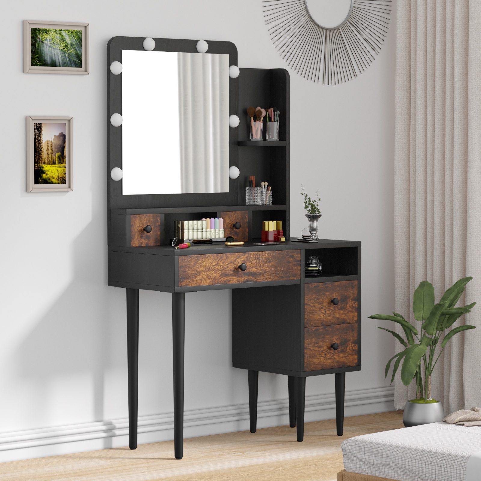 Gyfimoie Vanity Table with Lighted Mirror, Vintage Makeup Dressing