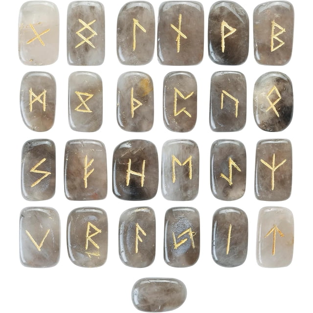 Crocon Smoky Quartz Rectangle Shape Gemstone Runes with Elder Futhark Alphabet Engraved 25 pcs Rune Set | Crystal Divination Metaphysical Healing Chakra Reiki Runes Set| with a Pouch| Size : 20-25mm