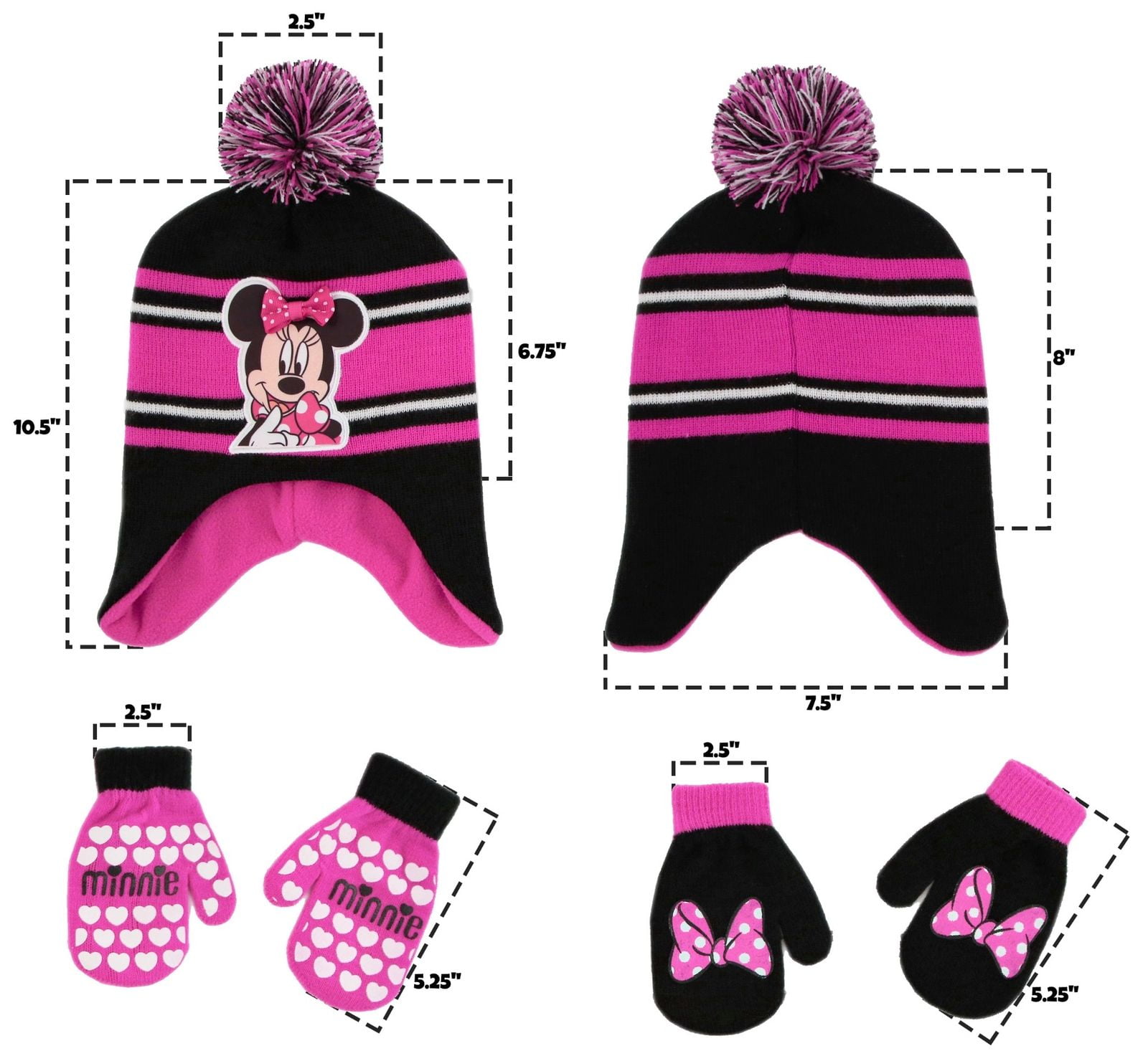 NEW Toddler Girls Beanie Hat Mittens 2 Pc Set Pink Disney Minnie Mouse Knit Cap