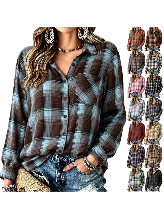 Womens Plaid Flannel Shirt Long Sleeve Collar Loose Fit Fall Fashion Lightweight Button Down Blouses Tops 3XL