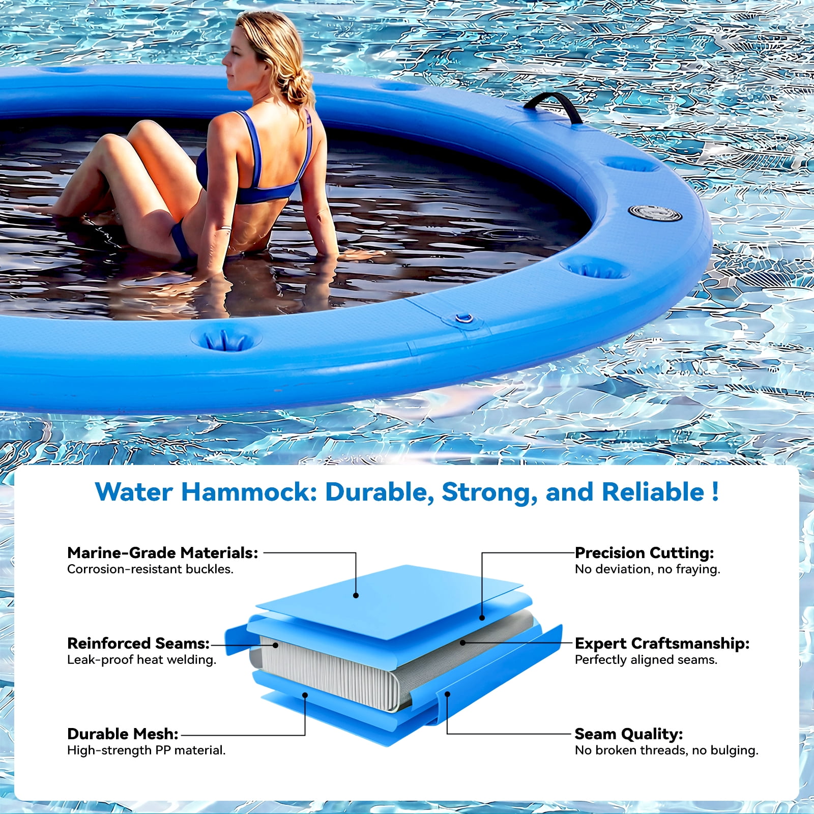 Danrelax 8' Round Inflatable Floating Dock with Cup Holders, Sunchill Float Ring, Hammock Tanning Pool with 4in Woven Fabric, Manual Pump for 1-2 Min Quick Inflate/Deflate, Fits 2-8, Ideal for Lakes