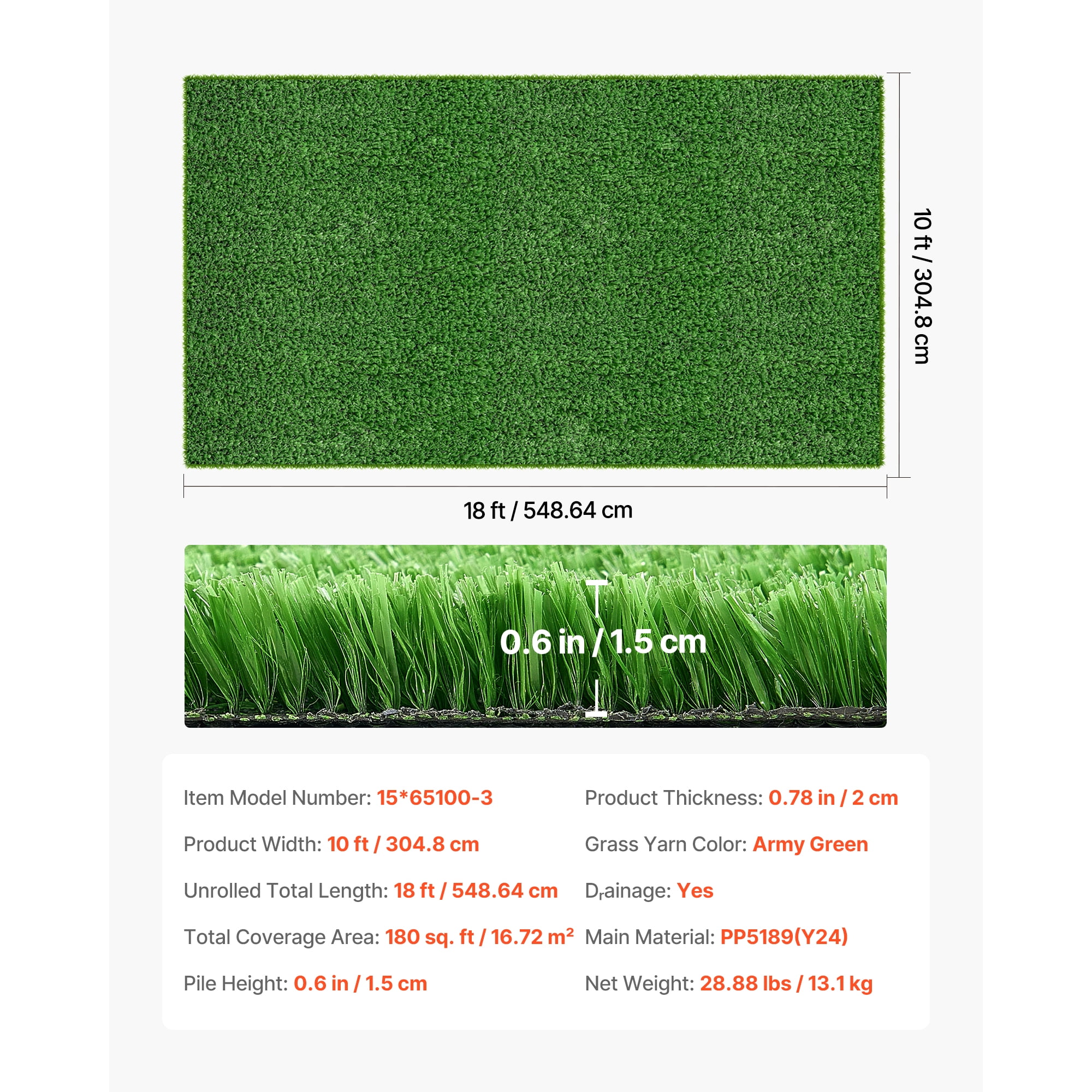 KFFKFF Artificial Grass, 18 x 10 ft Synthetic Turf Rug, 0.6 in Pile Height Realistic Lawn Carpet Roll Mat, Easy-to-Clean with Drainage Holes for Patio, Garden, Balcony, Outdoor and Indoor Use, Green