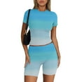 thumbnail image 2 of Two Piece Outfits for Women Summer Tight Fitting Short Sleeve Shorts Sets Gradient Printed Crew Neck Lounge Set (Sky Blue XL), 2 of 4