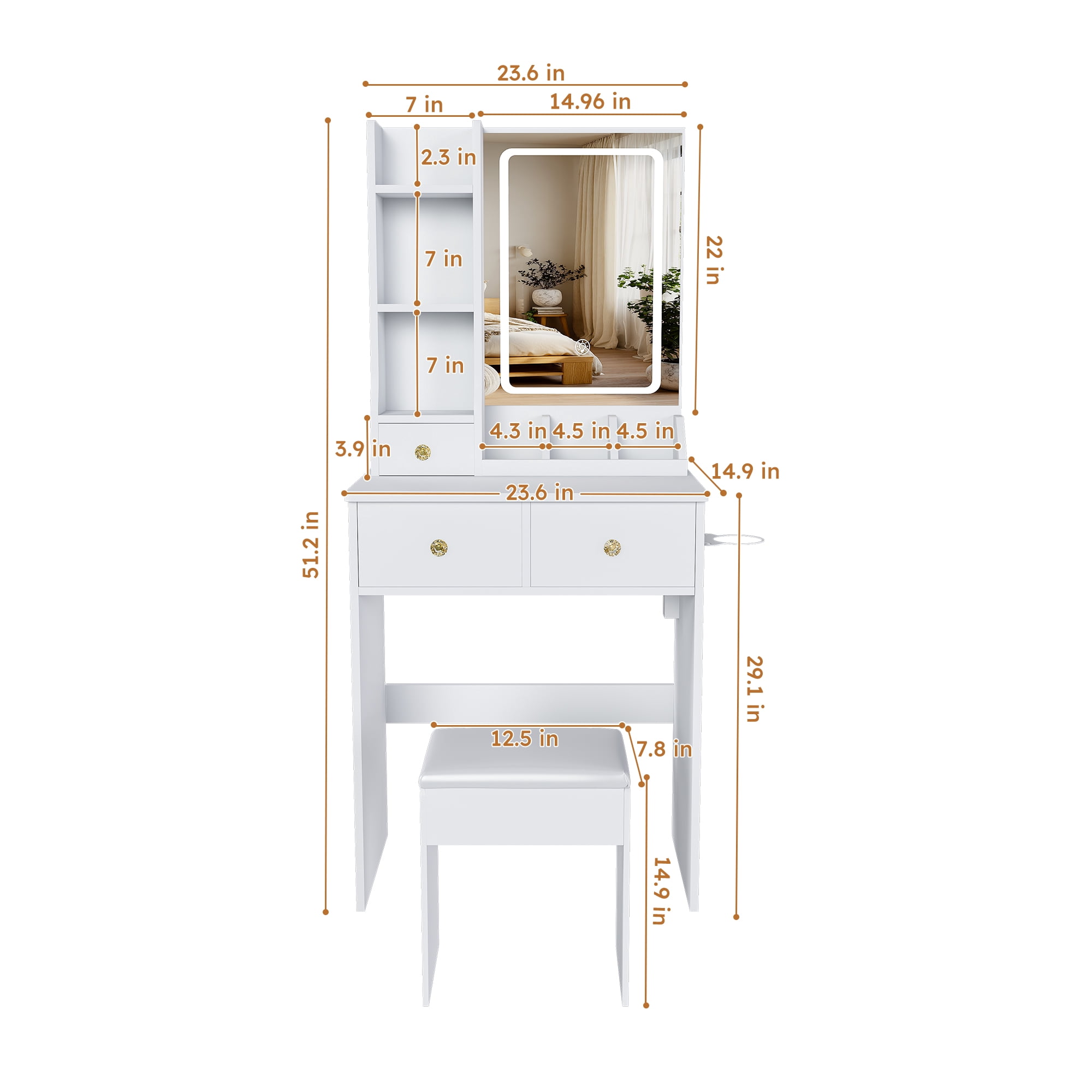Mintazer Modern Vanity Desk Set with LED Mirror & Stool, Makeup Vanity with Power Outlet, Hair Dryer Holder, 3 Drawers & Open Shelves, White