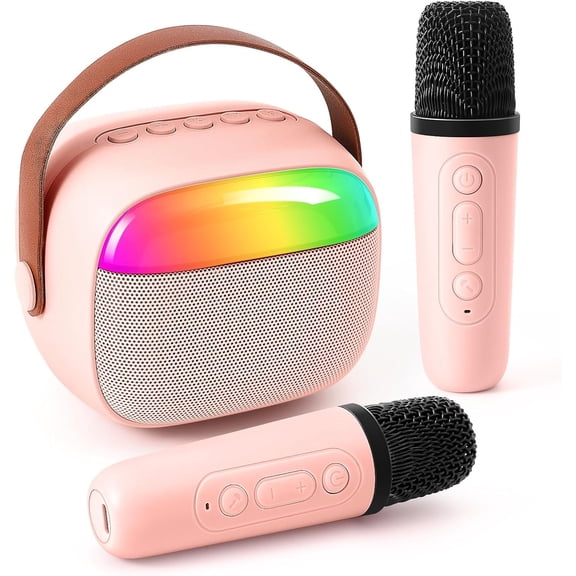 Karaoke Machine for Kids and Adults, Mini Portable Bluetooth Speaker with Microphones and Lights