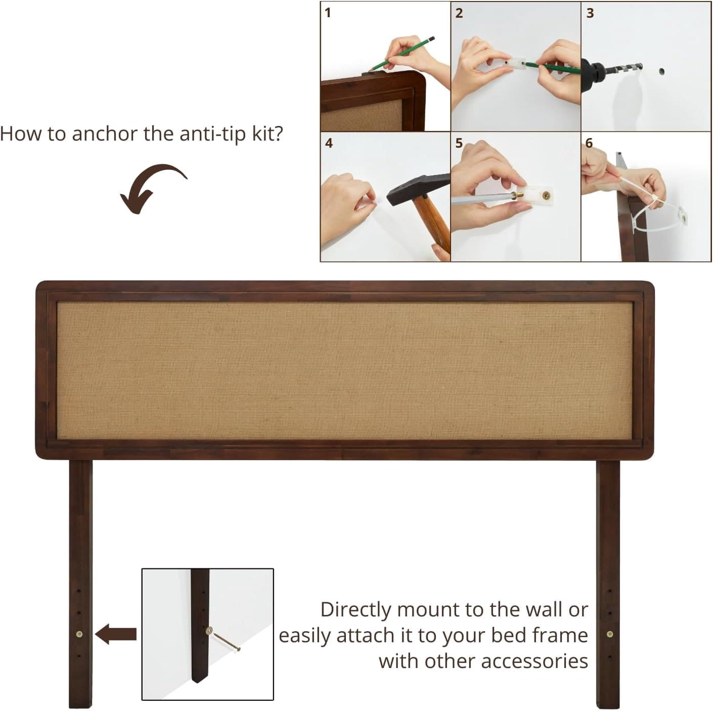 Grace Queen Size Headboard, Bohemian, Solid Wood, Walnut