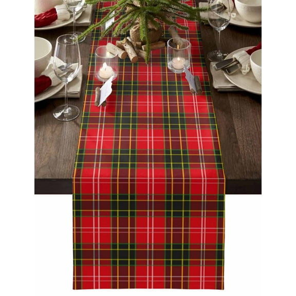 Red Green Pladi Cotton Linen Table Runner for Dining Kitchen, Winter Christmas Striped Plaid Wedding Outdoor Party Tablerunners Decoration, Dresser Scarf Coffee Tablecloth Runners 18x72 Inches