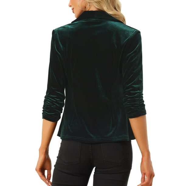 Velvet Cardigan for Women's Lapel Collar Open Front Cardigan Dark Green L 