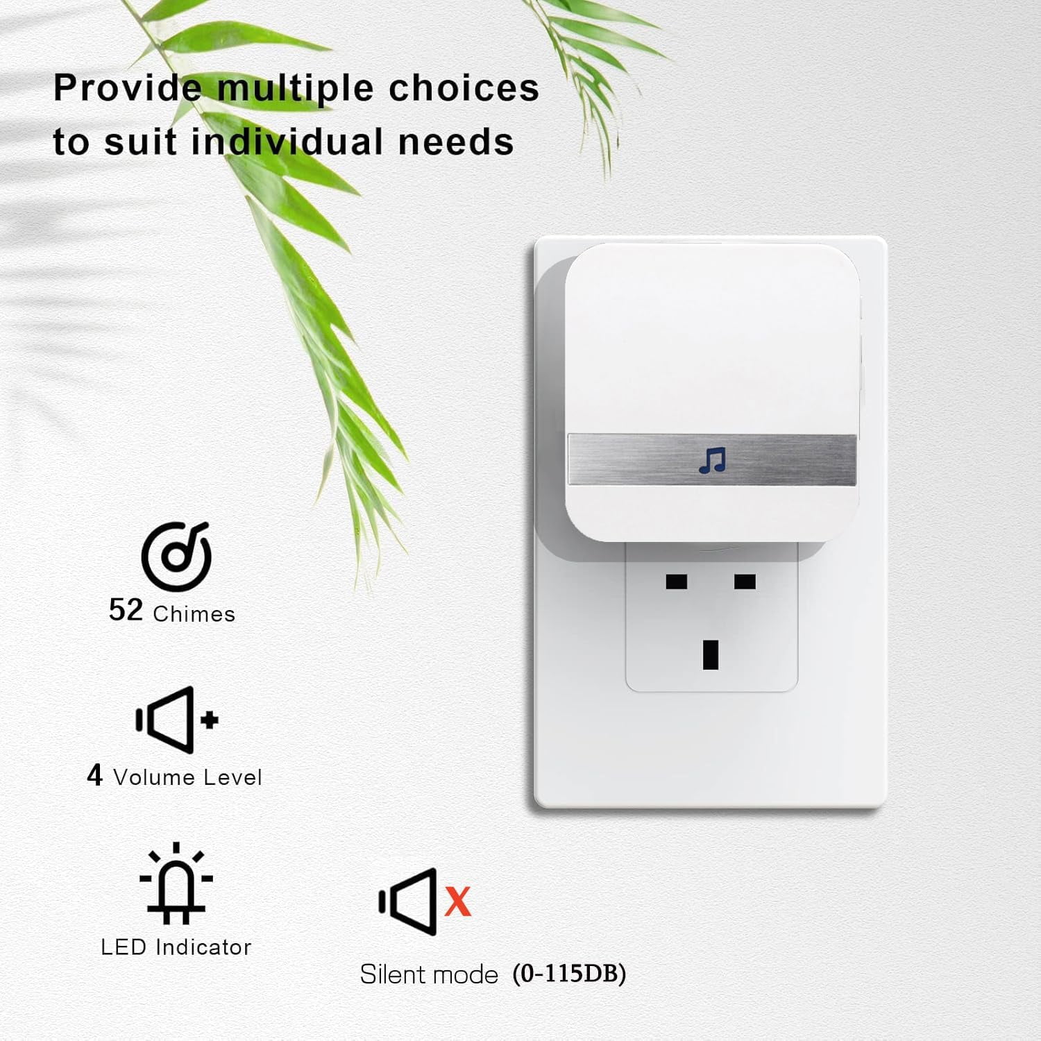 Wireless Doorbell, Doorbell IP68 Waterproof Twin Wall Plug-in Cordless Door Chime Kit with 300m Range, 52 Chimes, 115dB Lound 4-Level Volume & Blue Light, Plug in Door Entry Bell,White