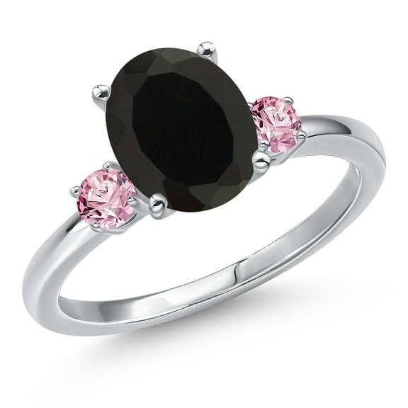 Gem Stone King 14K White Gold Black Onyx and Pink Lab Grown Diamond Engagement Ring for Women | 2.76 Cttw | Oval 10X8MM | Gemstone December Birthstone | Size 8