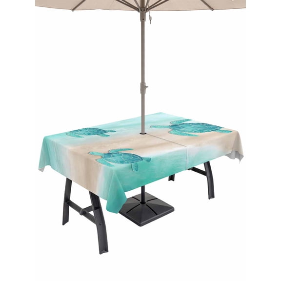 Outdoor Tablecloth with Umbrella Hole for Patio/Picnic/Party/Camping, Teal Coastal Waterproof Table Cloth Rectangle Table Cover Washable, Sea Turtle Beach Nautical Seaside Ocean (52"x 70")