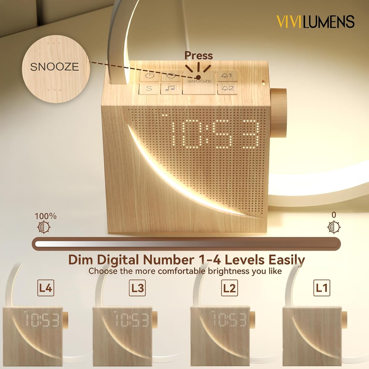 Sunrise Alarm Clock with Gradual Wake-up Light, 10 White Noise Sounds, Touch Dimmable Light & Dual Alarms with Snooze for Heavy Sleepers, Wood Grain