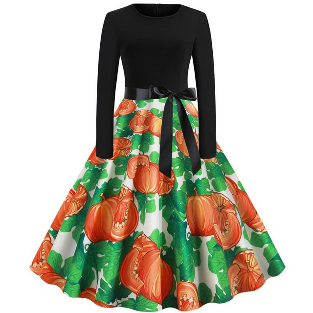 Vestido de Halloween de moda 2020 para mujer, vestido midi de manga larga con estampado de calabaza, vestido de fiesta vintage, vestido de fiesta