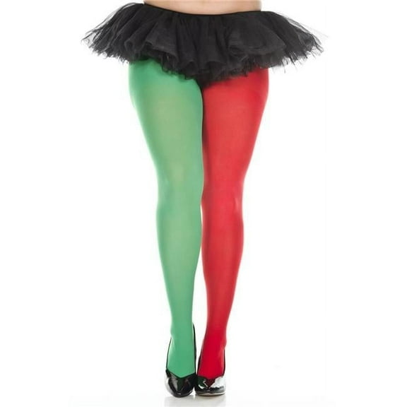 748Q-RED-KELLYGREEN Plus Size Opaque Jester Tights, Red & Kelly Green