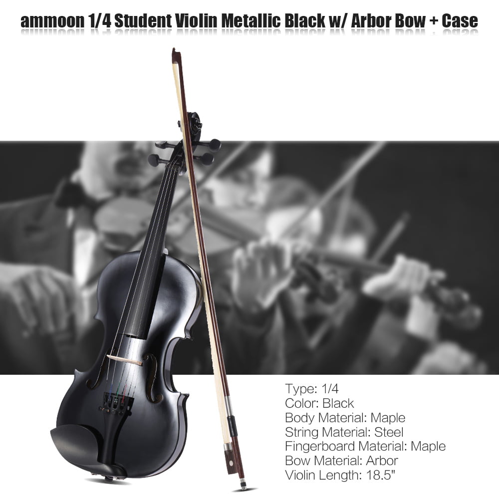 ammooon 1/4 1/2 3/4 4/4 Student Violin Metallic Black Equipped with Steel String w/ Arbor Bow 4/4 Case for Beginners Music Lovers 