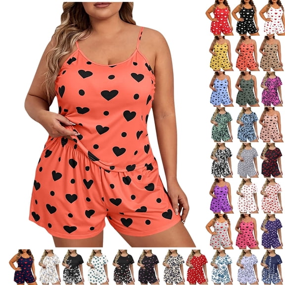 Fengactive Women's Plus Size Pajama Set Cute Cartoon Print Sleepwear Cami Top and Shorts Loungewear