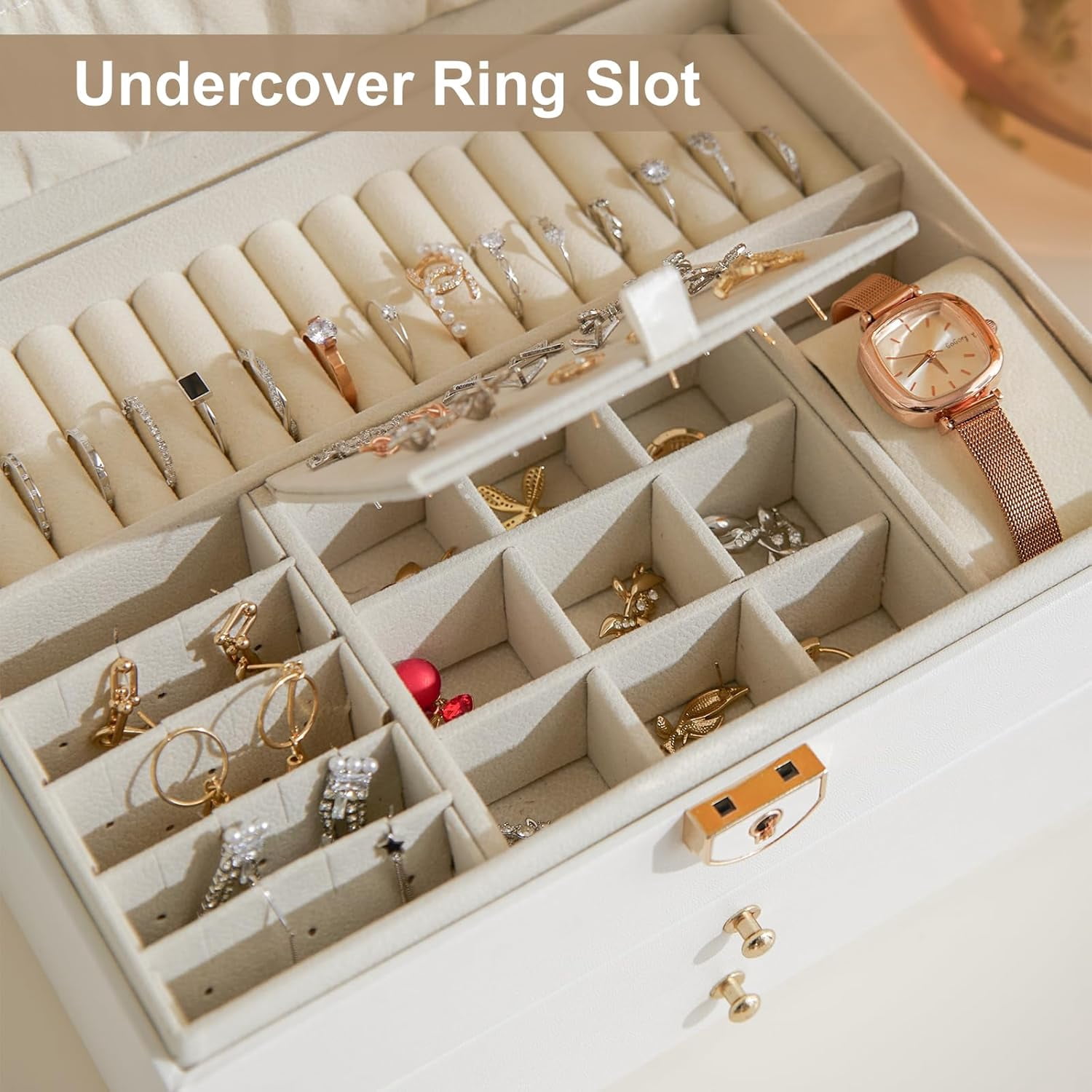 ASKITO 3 Layers Jewelry Box, Lockable Jewelry Holder Organizer with Drawer, Large Jewelry Boxes for Women Girls, Jewelry Holder for Necklace Earring Ring Bracelet Watch, White