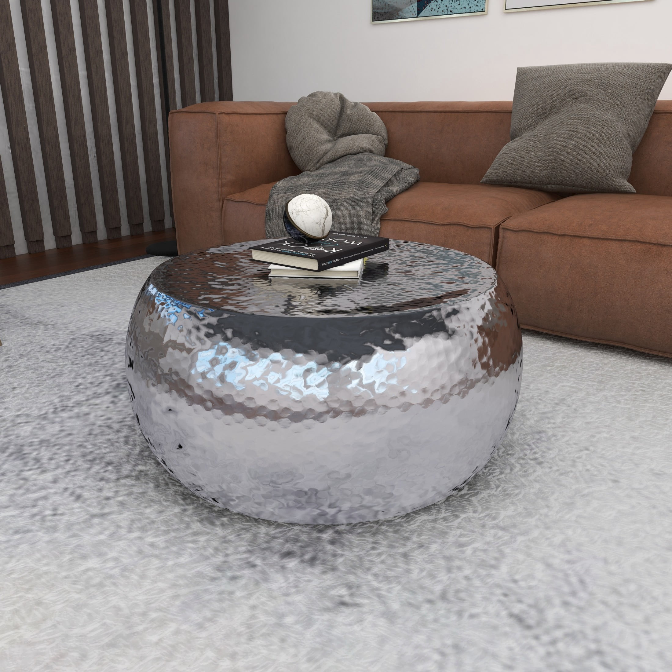 DecMode Contemporary Aluminum Pouf Inspired Coffee Table with Glossy Metallic Silver Finish, 30"W x 14"H