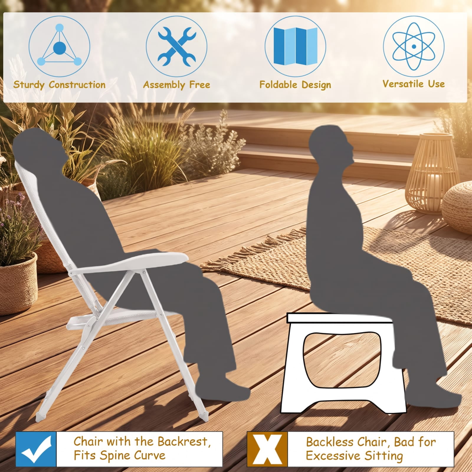 Furnibear Folding Patio Chair Solid Steel for Lawn Patio Backyard Black 300 lbs Capacity Weather-Resistant Outdoor Furniture