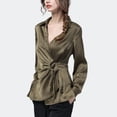thumbnail image 3 of Women's Spring/Summer Long-Sleeve Satin Top – Slimming Solid-Color Shirt with Lace-Up and Crossover Design, 3 of 7