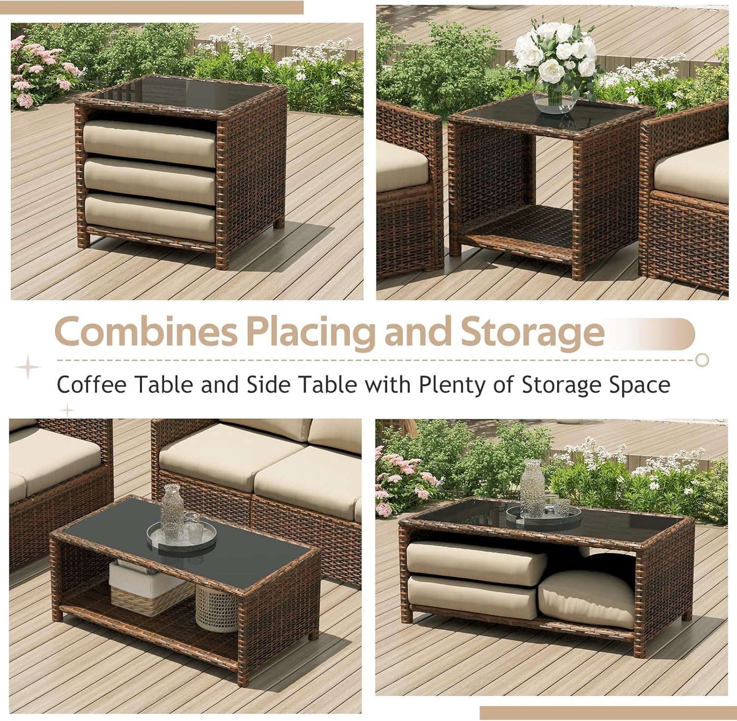 AECOJOY 7 Pieces Outdoor Furniture Set with Two Storage Boxes, Rattan Wicker Sectional Sofa in Brown Wicker& Beige Cushions