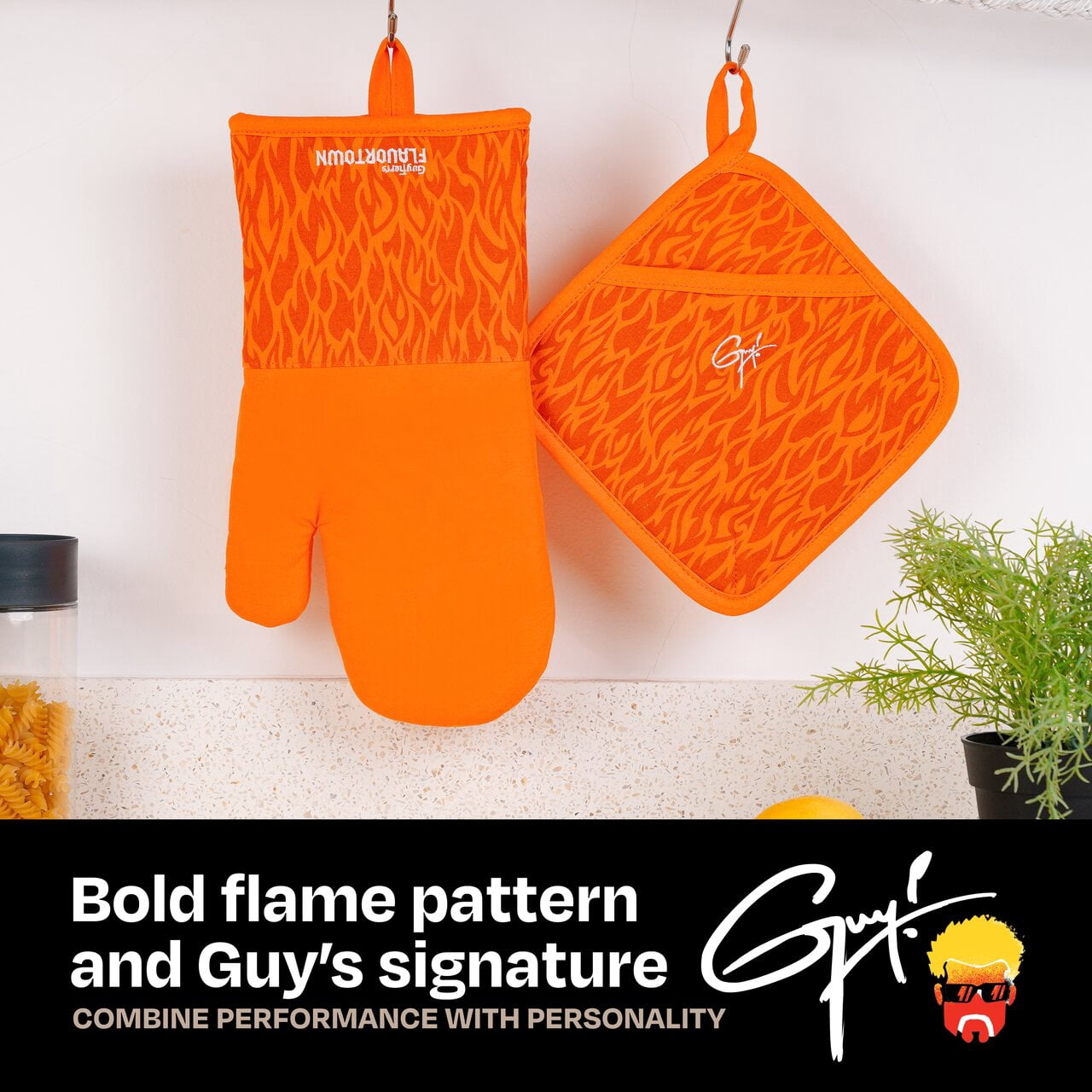 Guy Fieri's Flavortown Kitchen Essentials Bundles, Orange Flame 4-Piece Set, 2 Oven Mitts & 2 Pot Holders, High Heat Resistant up to 450°F
