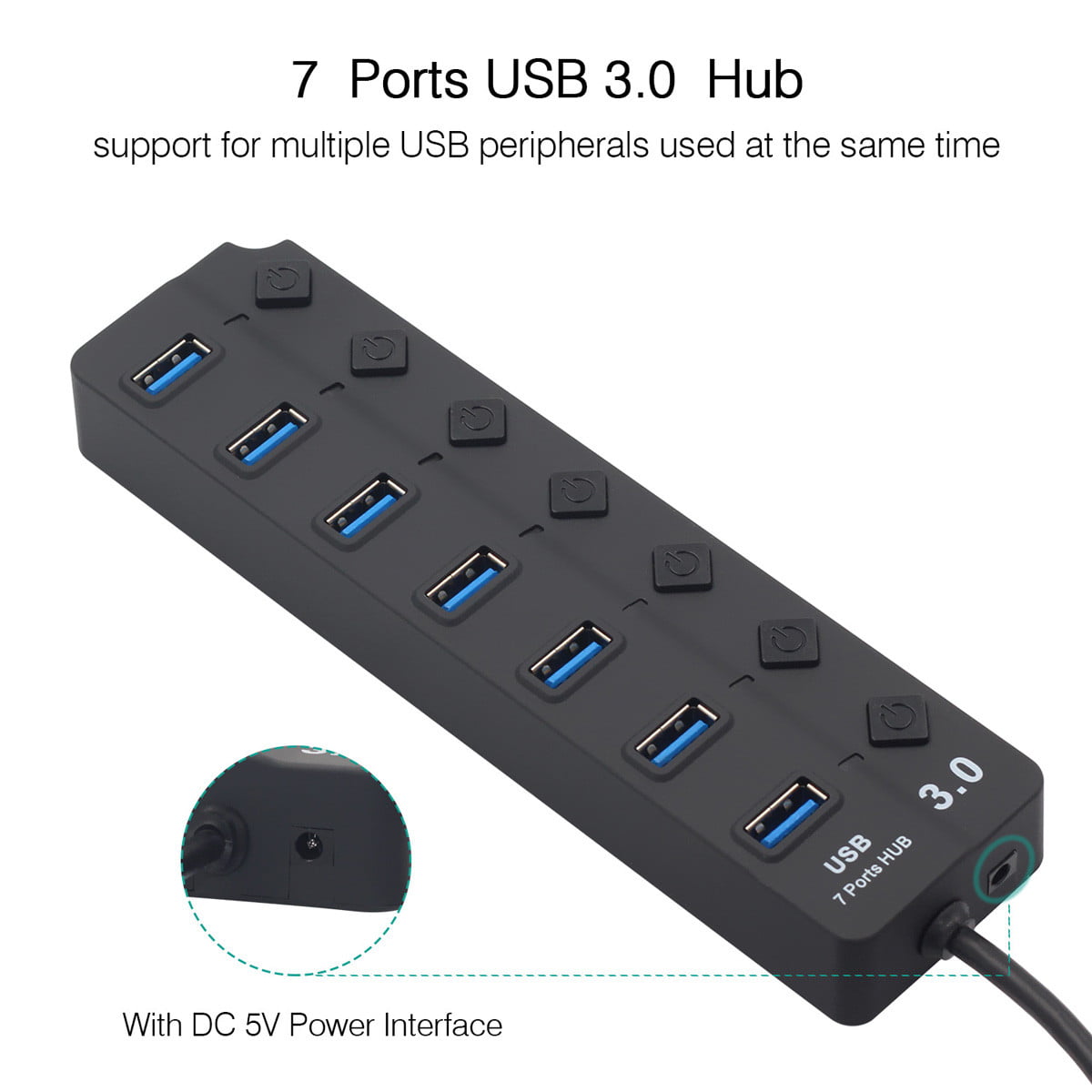 7 Hub USB Hub 3.0 High Speed 4/7 Port USB 3.0 Hub Splitter On/Off Switch with EU/US Power Adapter for MacBook Laptop PC 