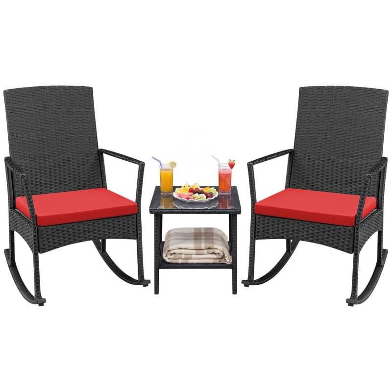 Devoko 3 Pieces Patio Rattan Rocking Chair Set with Cushion and Table Outdoor Porch and Garden Furniture Set, Red