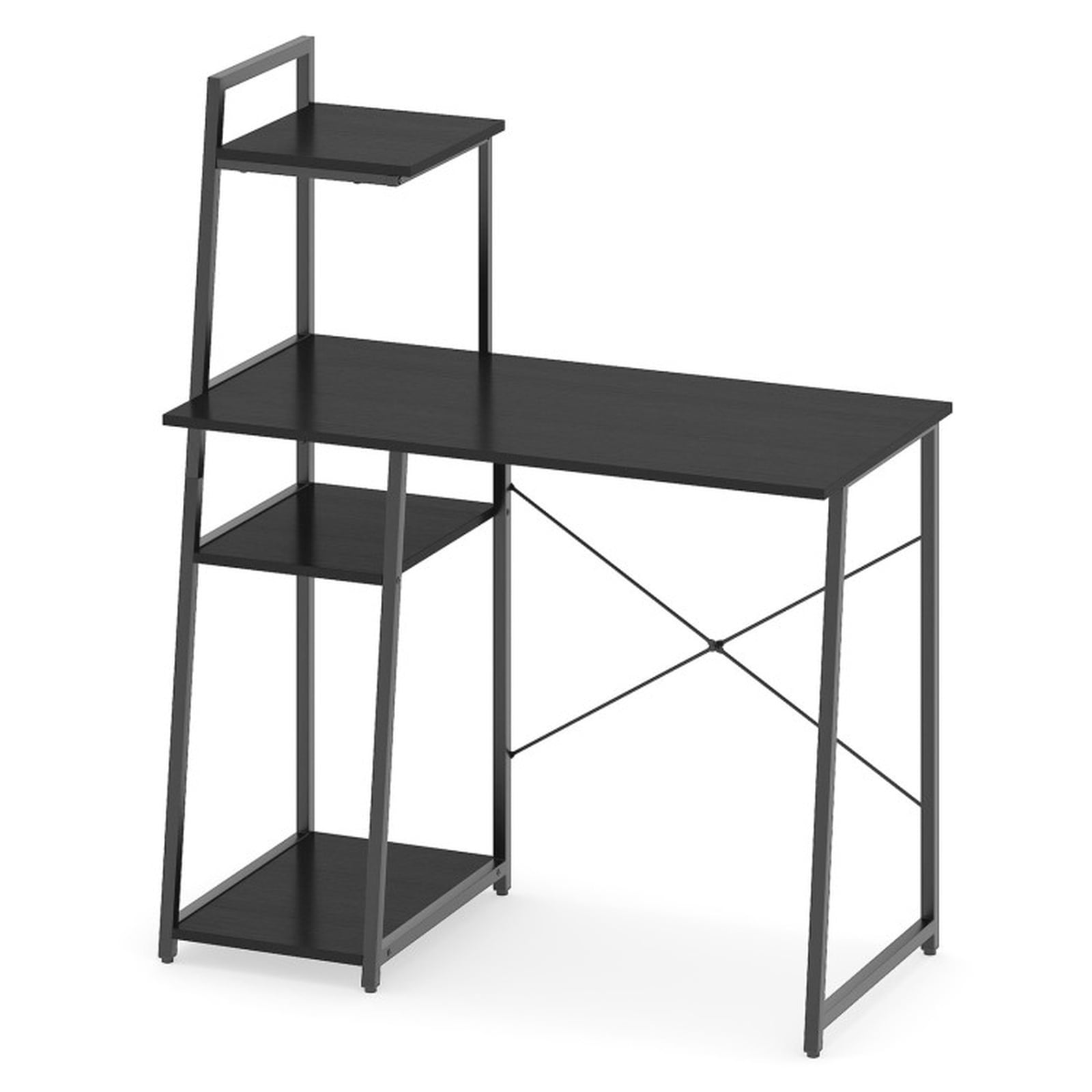 Furnibear Computer Desk with 3-Tier Storage Bookshelf Metal Frame Home Office Writing Workstation and Open Display Shelves, Black