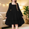 thumbnail image 2 of OJSFQUFP Girls' Spring Summer and Fall Dress: Square Neck Flared Sleeves Ruffled Hem Dress, 2 of 6