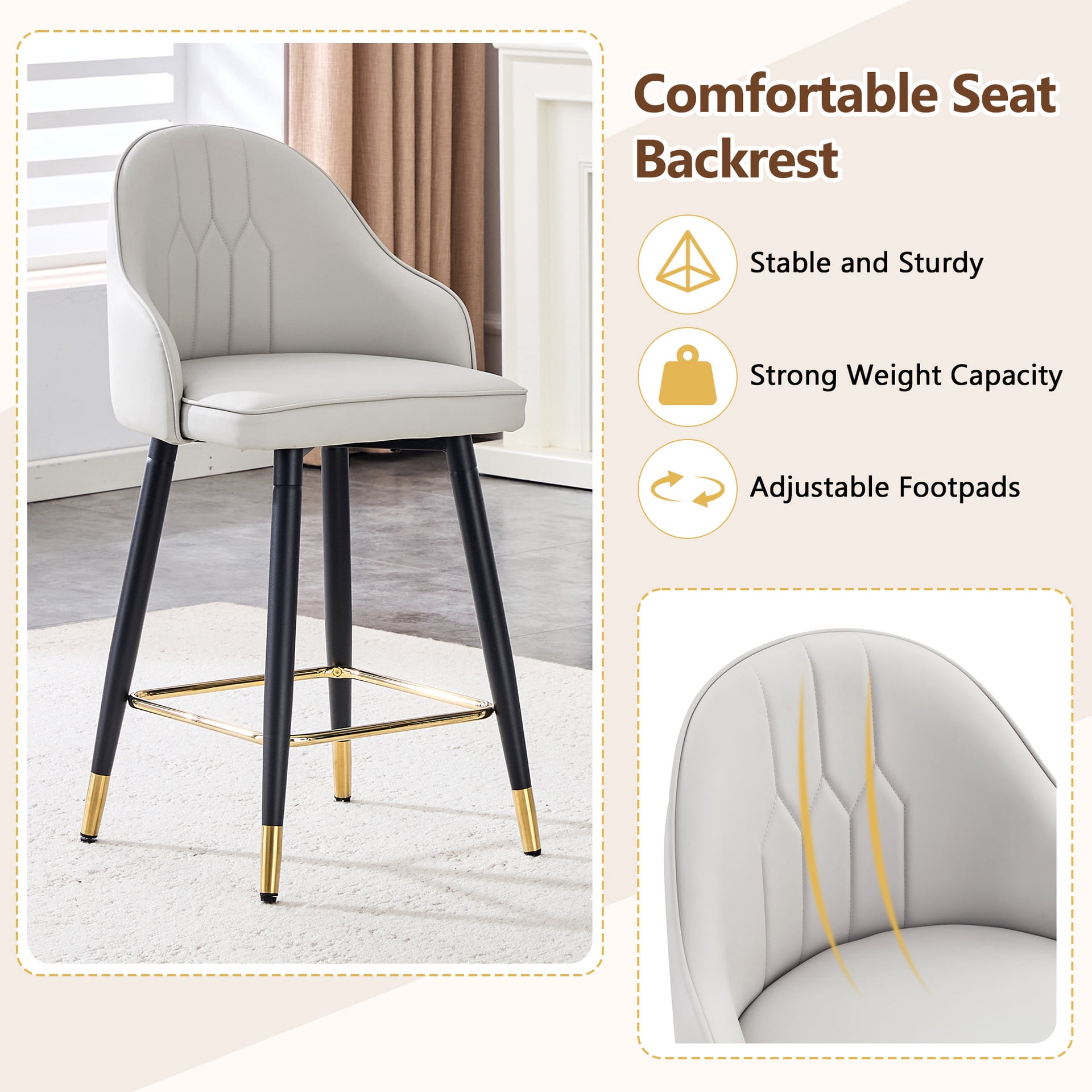 StnTalk Bar Stools Set of 2, Counter Height Barstools with Backs, Light Gray PU Leather Kitchen Stools with Gold Footrest & Stable Metal Legs, Modern Upholstered Chairs for Kitchen Island