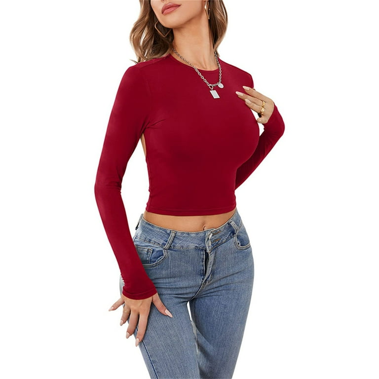 Sunisery Women's Backless Crop Top Sexy Cut Out Y2K Fashion Long Sleeve  T-Shirt Summer Casual Silm Fit Club Party Cropper Tee Top