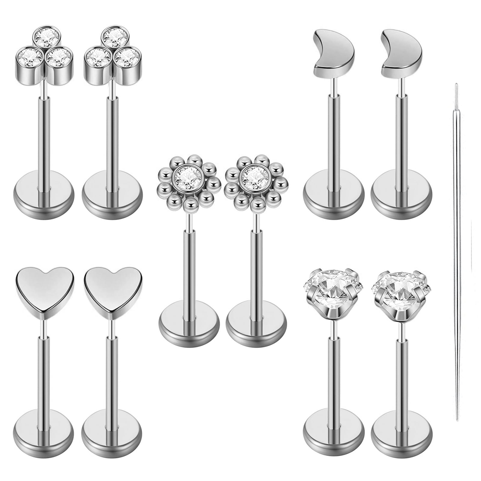 20G Flat Back Earrings Stud 316L Surgical Steel Nose Stud Rings Threadless Tragus Labret Cartilage Medusa Conch Body Piercing Jewelry Hypoallergenic for Women Men 5Pairs Silver